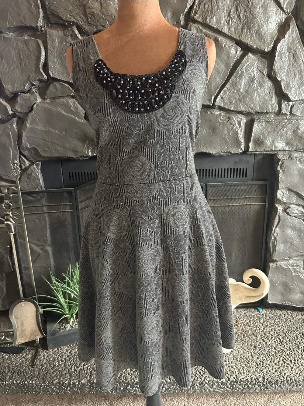 Free People Gray Sleeveless A-Line Dress with Beaded Collar